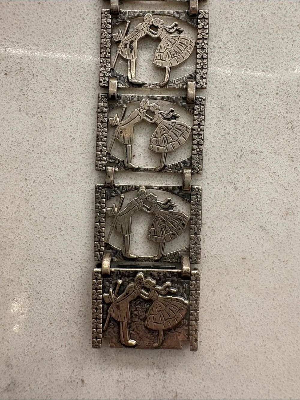 Vintage Sterling Silver Storyteller Bracelet Depicting Kissing Couple
